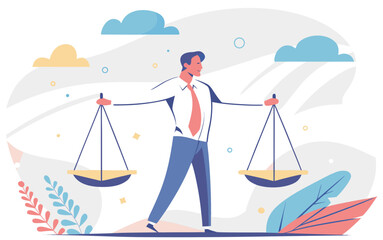 Principles and business ethic to do right things, social responsibility or integrity to earn trust, balance and justice for leadership concept, confident businessman leader lift balance ethical scale.