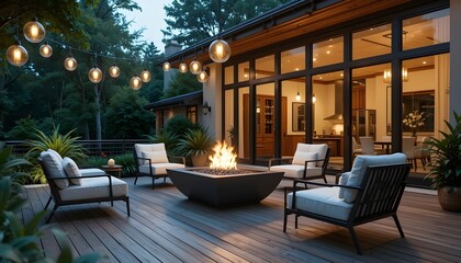 Fototapeta premium Luxury Outdoor Seating Area with Fire Pit and Warm Lighting – Modern Architectural Design.