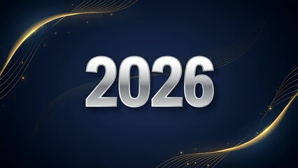Elegant silver numbers 2026 on a dark blue background with golden abstract swirling lines and sparkles.