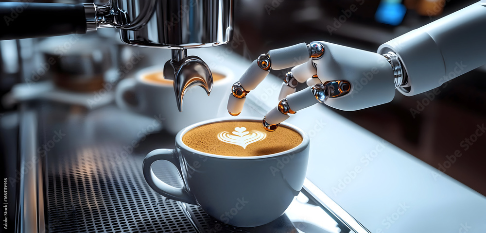 Poster robotic arm crafting latte art with precision and grace, a glimpse into the future of automated bari