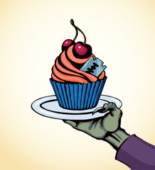 Vector drawing. The hand offers a treacherous treat