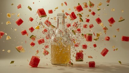 A burst of freshness: a stunning photorealistic image captures the moment of a bottle exploding with liquid and juicy watermelon chunks in mid-air. 