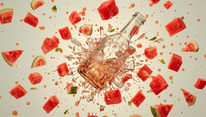 A striking visual of a shattered glass bottle exploding with watermelon slices and juice, a vibrant display of freshness and summer.