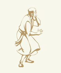 Vector drawing. Afraid man in eastern clothes