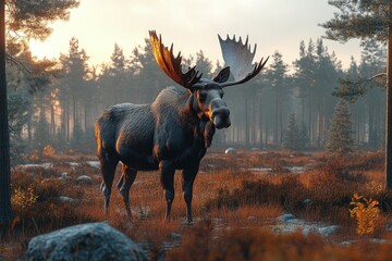 Majestic moose standing in a serene forest landscape during sunrise, surrounded by autumn foliage