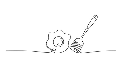Continuous line drawing of fried egg with spatula minimalist vector illustration