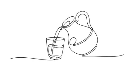 Continuous line drawing of water jug pouring into glass minimalist vector illustration