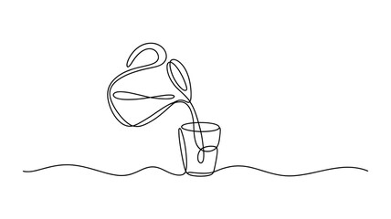 Continuous line drawing of water jug pouring into glass minimalist vector illustration