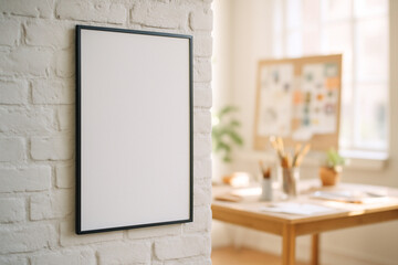 Creative studio with a blank vertical frame on a brick wall, an inspirational template for showcasing artwork.