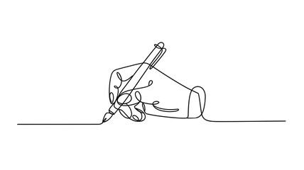 Continuous line drawing of hand writing with pen minimal illustration