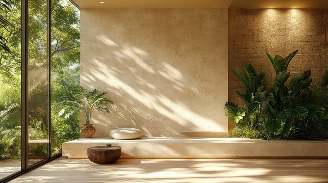 Fototapeta Beige, sunlit room with lush greenery, large windows