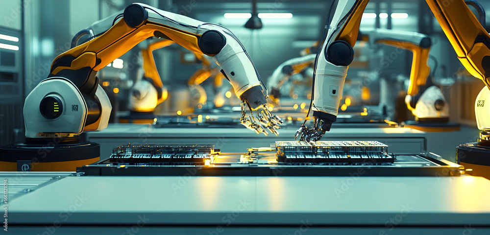 Poster automated precision robotic arms assembling electronics in a modern factory, showcasing advanced man