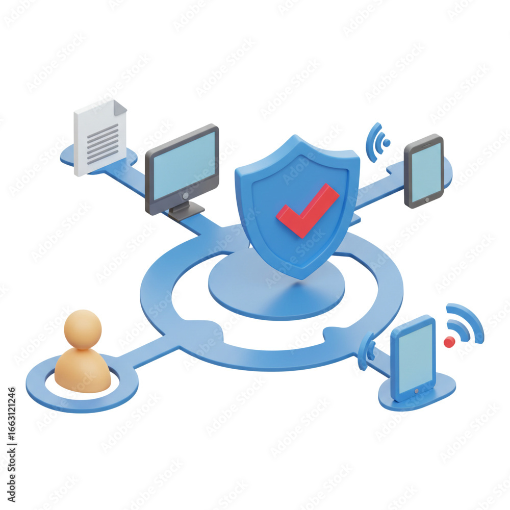 Aufkleber secure network connection with shield and devices isolated on transparent background