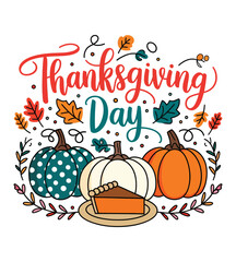 Happy Thanksgiving Typography with Pumpkins and Autumn Leaves Illustration
