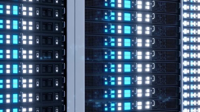 Network servers with blinking lights. Digital data transfer simulation. Modern information technology surveillance concept.