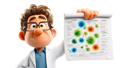 Animated Doctor's Discovery: A cartoon doctor, brimming with enthusiasm, proudly presents a detailed illustration of viruses, igniting curiosity and sparking an interest in scientific exploration.