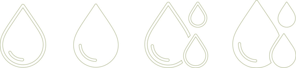 Collection of Outline Water Drop Icon, Four Olive Green Drops on Transparent Background