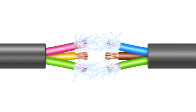 Digital illustration of two cut electrical cables with exposed copper wires isolated on white background