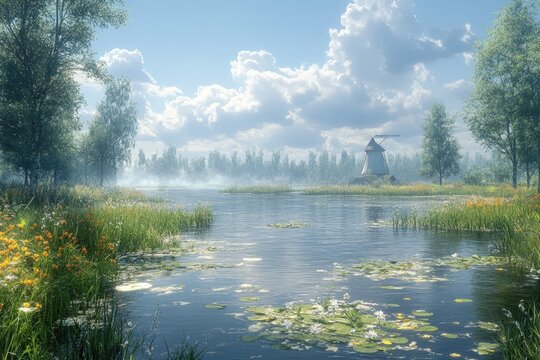 Serene landscape featuring a tranquil river with blooming flowers and a windmill in the distance
