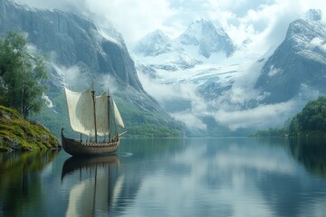 A serene landscape featuring a traditional sailing ship on a tranquil lake surrounded by majestic mountains