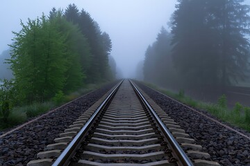Fototapeta premium A foggy morning view down a railroad track disappearing into the distance