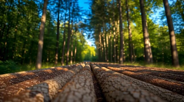 A substantial stack of felled tree trunks and seasoned firewood logs arranged in a large pile within a serene and tranquil woodland setting basking in the warm afternoon sunlight.