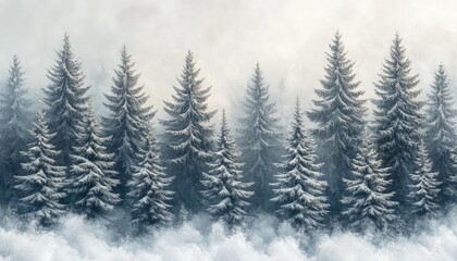 Fototapeta premium Snow-covered evergreen trees in a misty forest, creating a serene winter landscape atmosphere