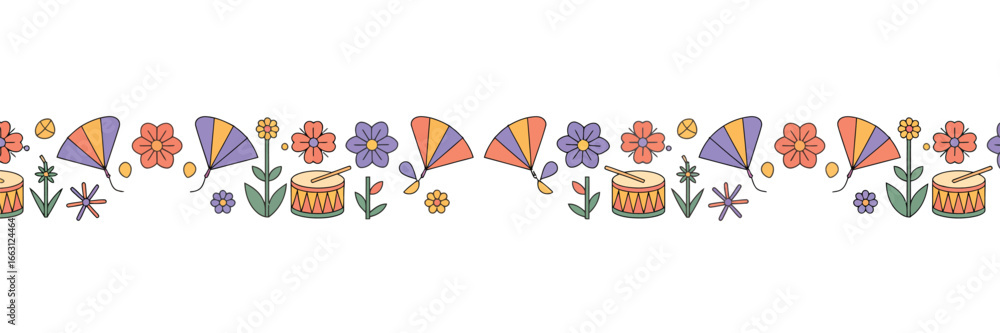 Poster a decorative border with repeating patterns of kites drums and flowers on a white background in a si
