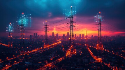 City skyline at dusk, power lines, digital data overlay