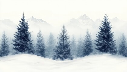 Naklejka premium Serene winter landscape featuring snow-covered mountains and evergreen trees in a foggy atmosphere