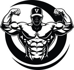 A powerful black and white vector illustration of a bodybuilder with a hat, showcasing muscular biceps in a confident pose, ideal for fitness, gym, and workout-related designs and branding.