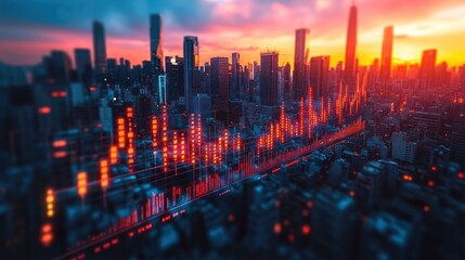 City skyline, financial data overlay