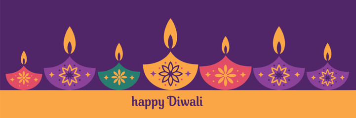 Colorful diwali celebration with lit diyas and floral designs on a purple and orange background design