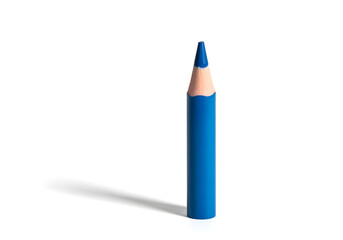 A close-up studio shot of a single, blue colored pencil on white background.