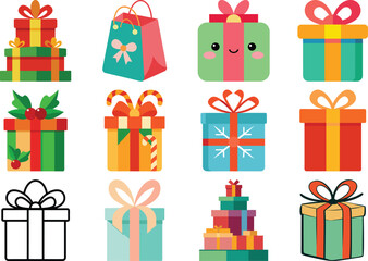 Festive Christmas Presents Collection with Colorful Ribbons and Bows on Black Background