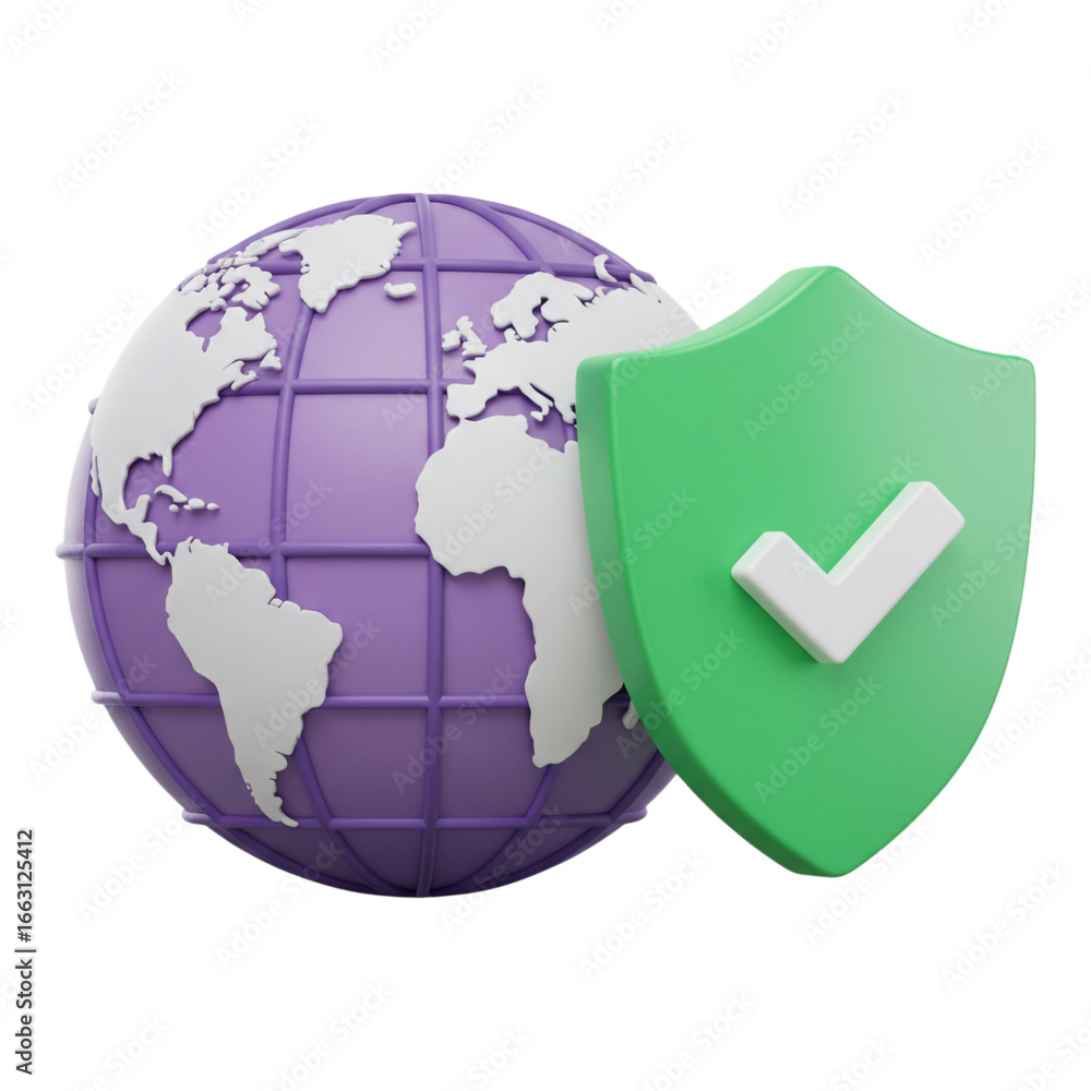 Aufkleber 3d globe with green shield and checkmark isolated on transparent background