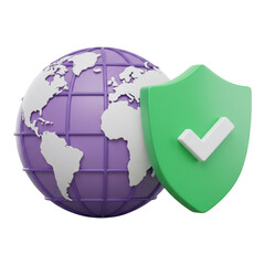 Fototapeta premium 3d globe with green shield and checkmark isolated on transparent background