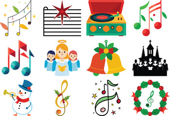 Festive Christmas Music Icons and Elements on a Black Background