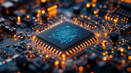 Close-up of a circuit board with a central chip