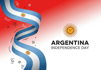 Argentina Independence Day illustration with a waving flag ribbon and sun emblem.