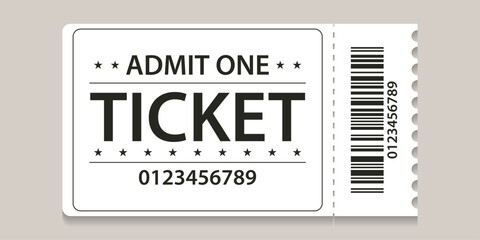 Admit one ticket with bar code. concert and festival event, movie theater coupon. Vector illustration ticket on the isolated background.
