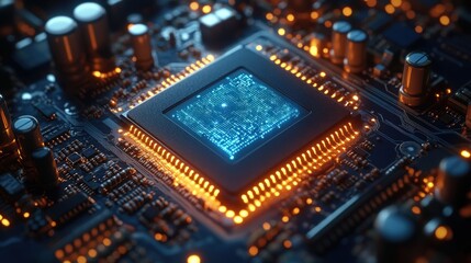 Close-up of a glowing computer chip on a circuit board