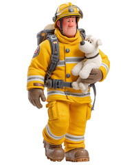 Firefighter and Dog Rescue: A courageous firefighter emerges from the scene with a rescued dog, wearing complete gear, embodying the selfless nature of heroism, a testament to compassion and service.