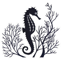 Seahorse among coral silhouette