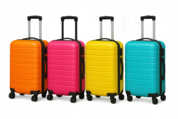 Orange, pink, yellow, and blue suitcases isolated on transparent background, representing travel and vacation