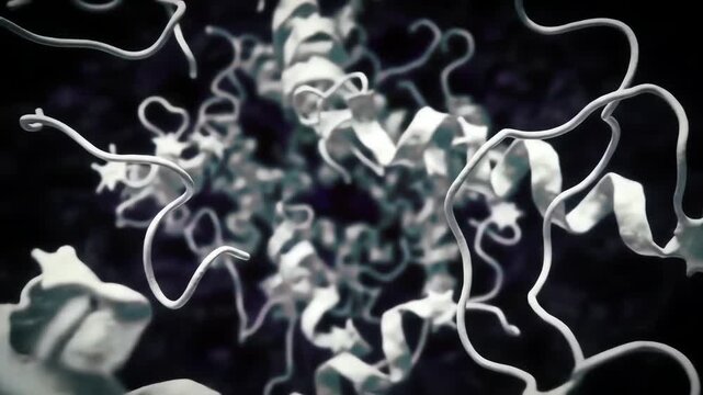 prions folding proteins in a cascade, the camera rotating around malformed structures resembling origami collapsing
