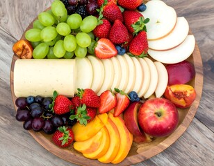 Assorted fruits and cheese platter on wooden tray