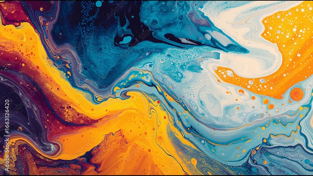 Poster colorful abstract paint pouring technique displayed with vibrant swirls and patterns in a studio set