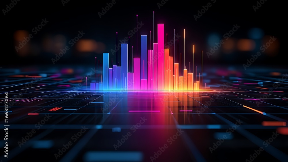 Poster vibrant abstract digital data visualization with glowing neon bars representing growth and progress 