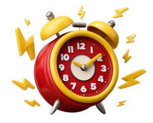 Red yellow alarm clock with lightning bolts, symbolizing urgency, flash sale, and time pressure, isolated on transparency background, energetic and dynamic concept